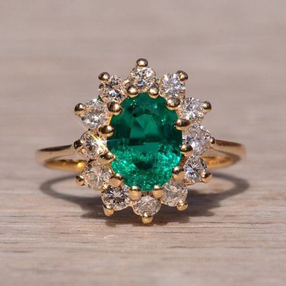 Ladies 14K Laboratory Grown Emerald and Diamond Halo Ring